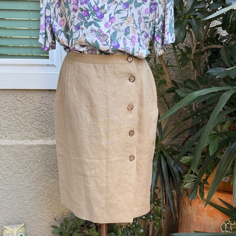 Vintage Jones New York Taupe Button-Front Linen Pencil Skirt with Pockets